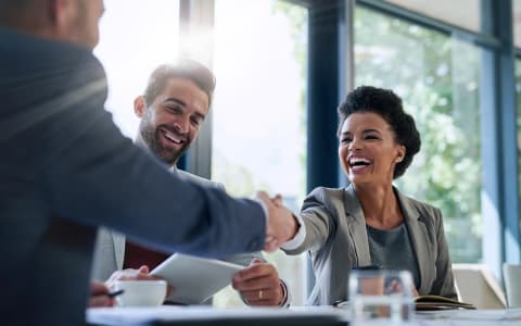 Diverse, professional employees shaking hands in agreement, welcome or greeting.